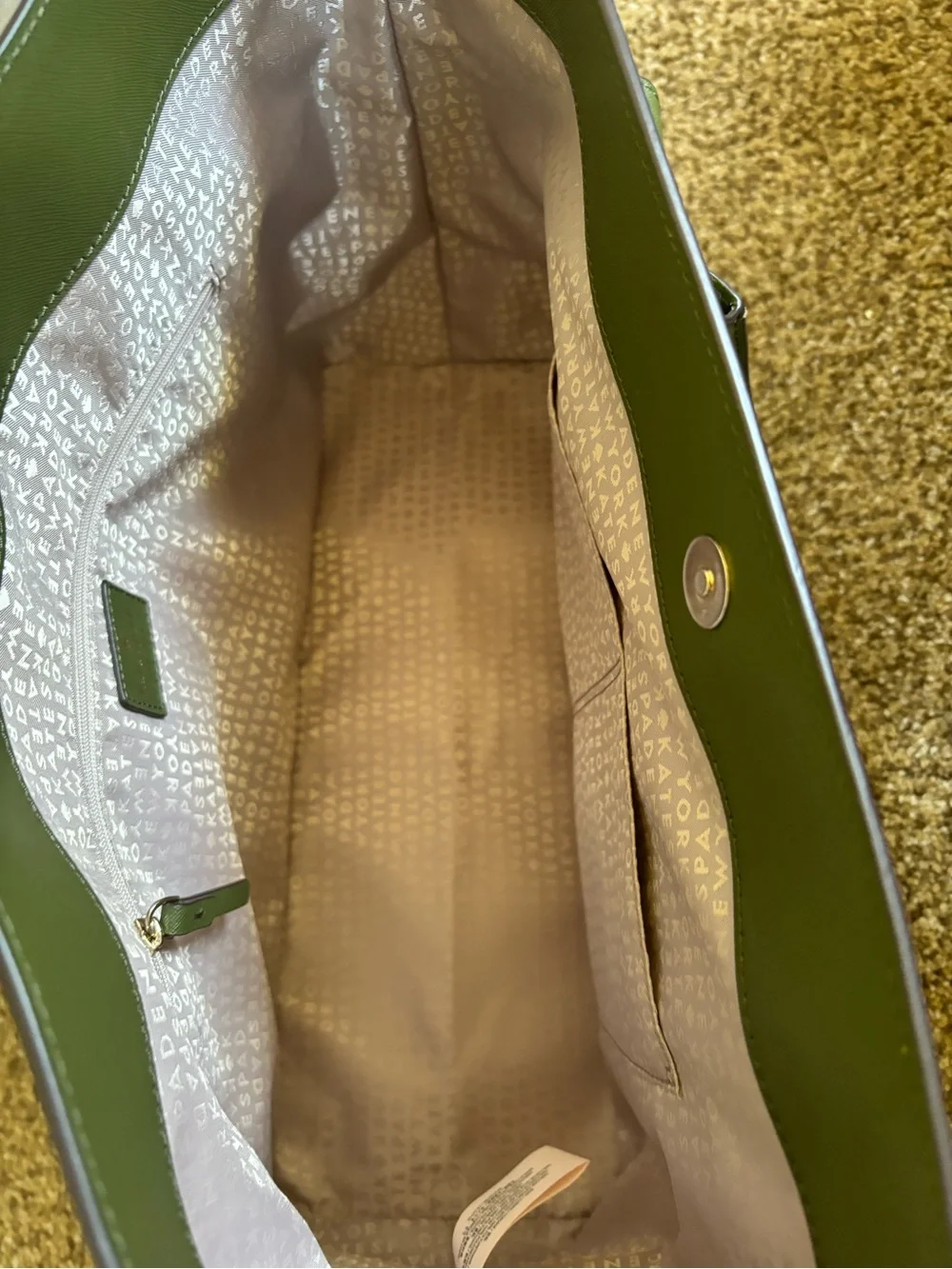Kate Spade Olive Green Leather Tote Bag with Turn-Lock
